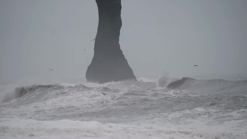 Birds are flying over rough waves near a rock formation just off a beach
