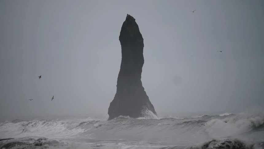 Birds fly near a tall thin rock formation as waves flow past during the daytime