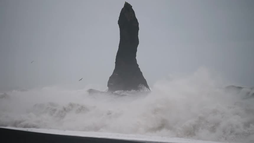 Waves foam while rushing past a thin towering rock formation before reaching the beach as birds fly nearby