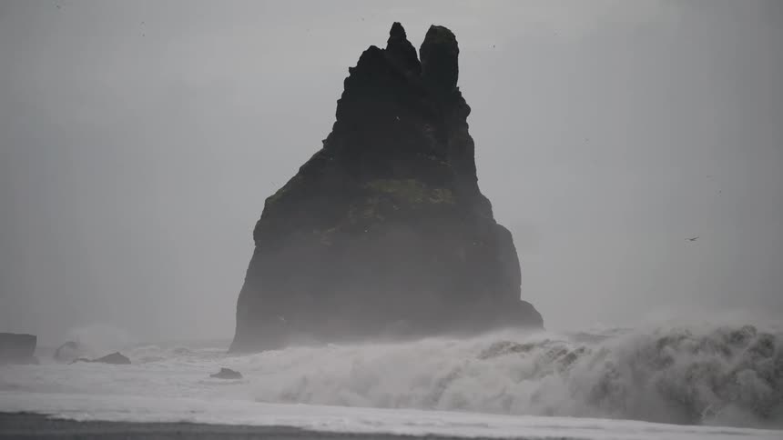 Birds fly near rock formation in the water off the coast as waves roll in to shore