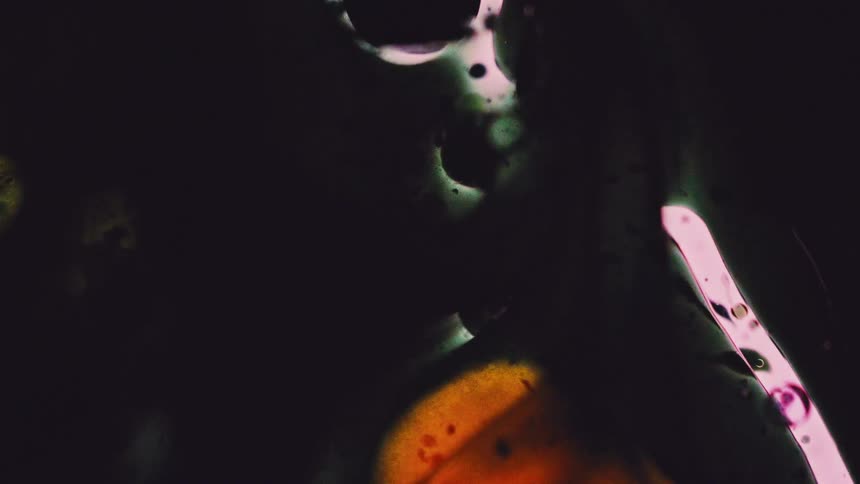 This video displays an abstract highly stylized visual effect likely achieved through film damage or digital manipulationit features dark black backgrounds with large organic shapes and blotches of vibrant colors like orange green and white sug