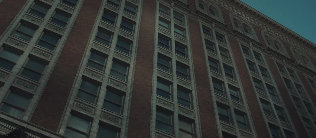Symmetrical facade of historic building with ornamental details between vertical windows