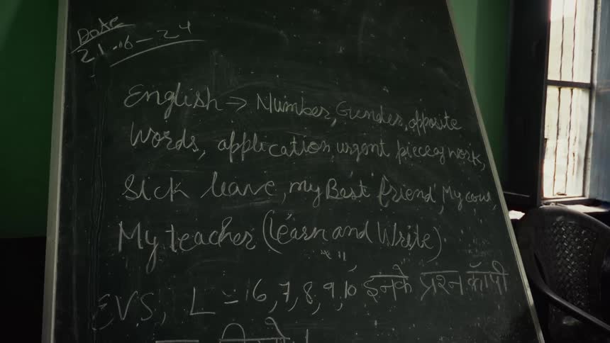 School blackboard with english and hindi notes on writing topics and environmental studies