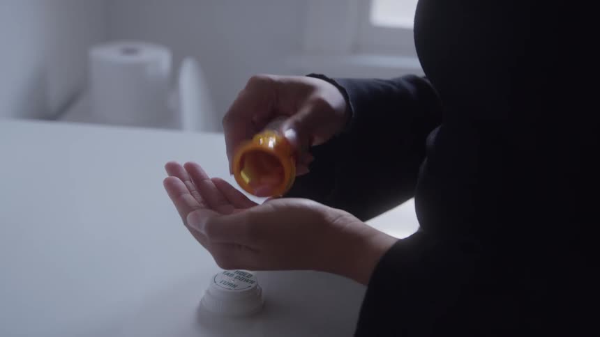 A person wearing dark clothing shakes pills from an orange prescription bottle into their open palm over a white counter in a bathroom setting