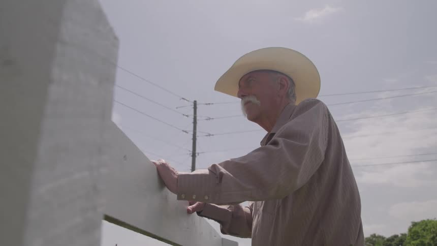 An elderly cowboy leans against a white fence gazing into the distance