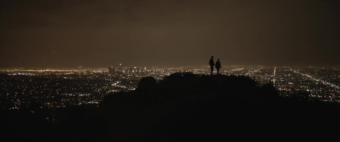 Two people stand on a hillside over a city at night