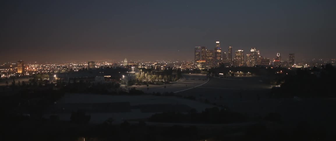 The lights of a city skyline shimmer at night