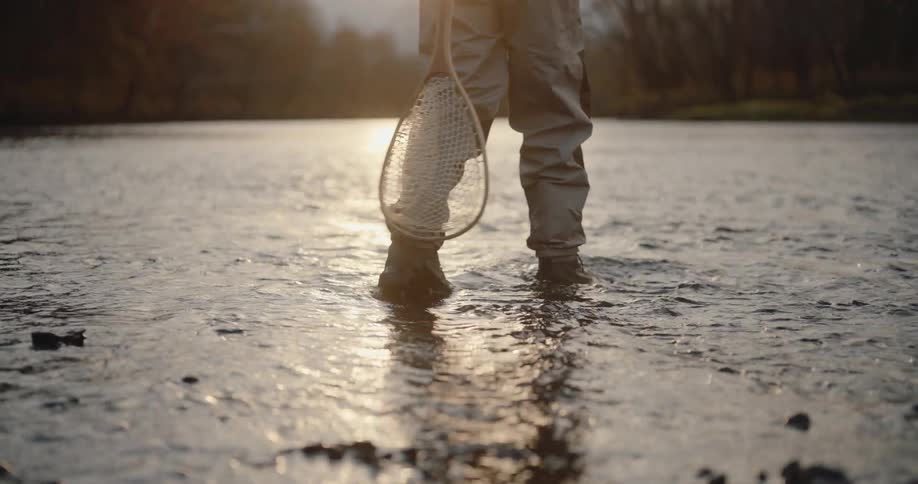 A person walks along a stream on a sunny day wearing overalls and holding a fishing net ready to fish