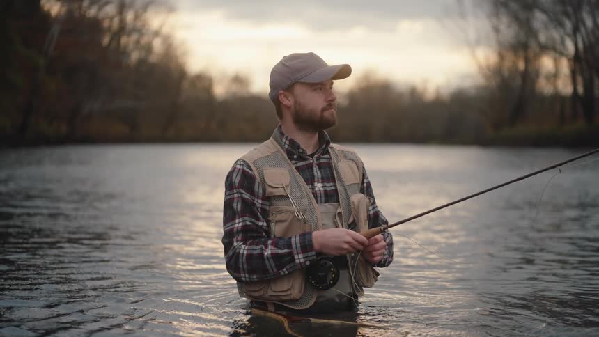 Bearded young man wearing a baseball cap fishing in a pond outdoors during dusk or dawn