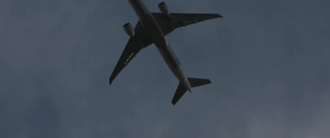 A plane flies high in the sky