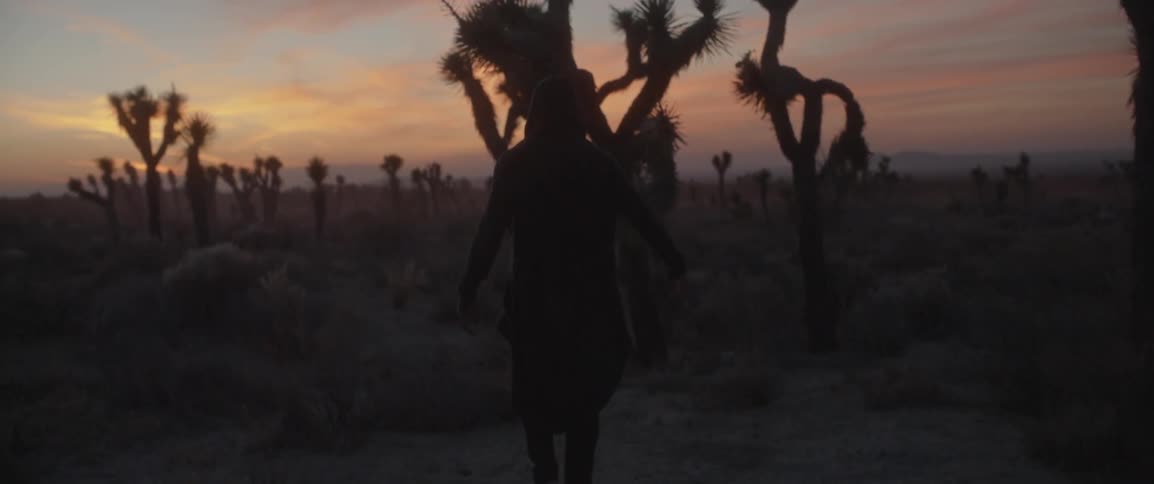 A man in a hooded jacket walks in the desert at sunset