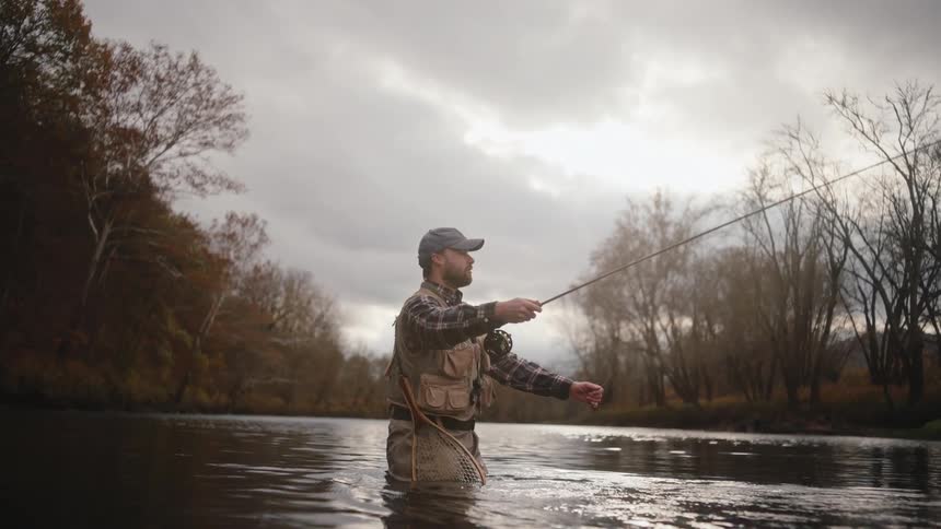 Person fly fishing in river surrounded by leafless trees under cloudy sky