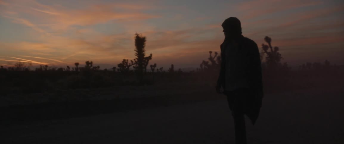 A man walks in the desert at sunset