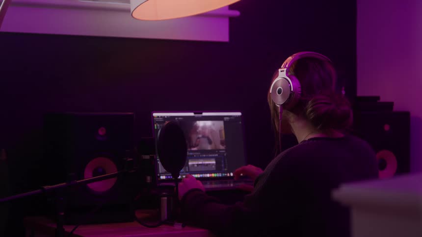 Person edits video on a computer wearing headphones in a home studio