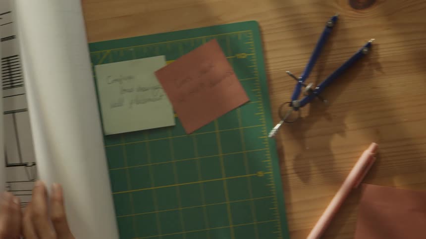 The video begins with a closeup of rolled paper plans and tubes then transitions to show a hand unrolling a large architectural drawing on a wooden deskthe drawing which dominates the latter half of the clip is a schematic outline of a modern twos