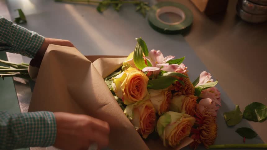 Hands wrap bouquet of roses and lilies with kraft paper on worktable