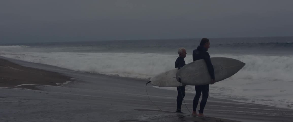 Two people hold surfboards by the shore talking