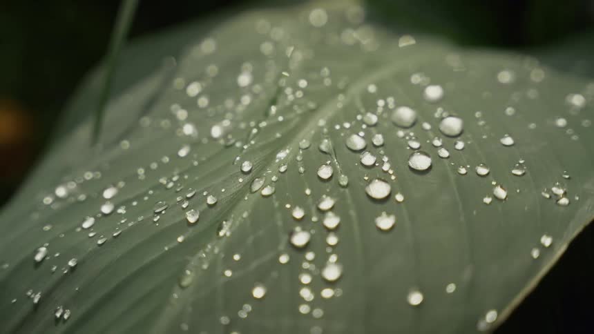 A smooth green leaf has multiple small water droplets atop it