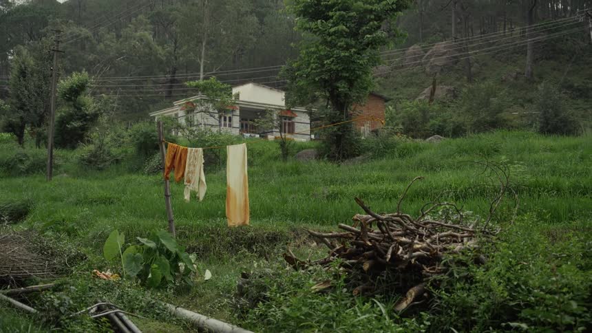 Laundry sways gently on a makeshift line in a lush green field situated between a rustic woodpile in the foreground and a white house nestled into the misty pinecovered hillside