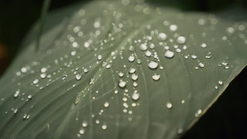 Water droplets spread across a green leaf in closeup