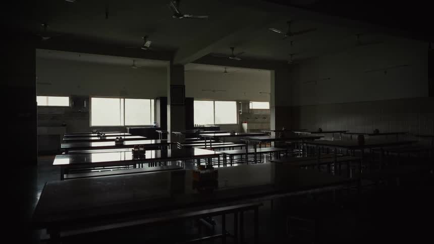 The cafeteria is empty in the school
