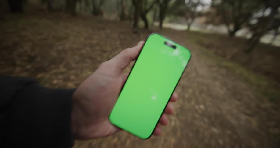 A person walks along a woodland path at midday holding a smartphone with a green screen in their hand