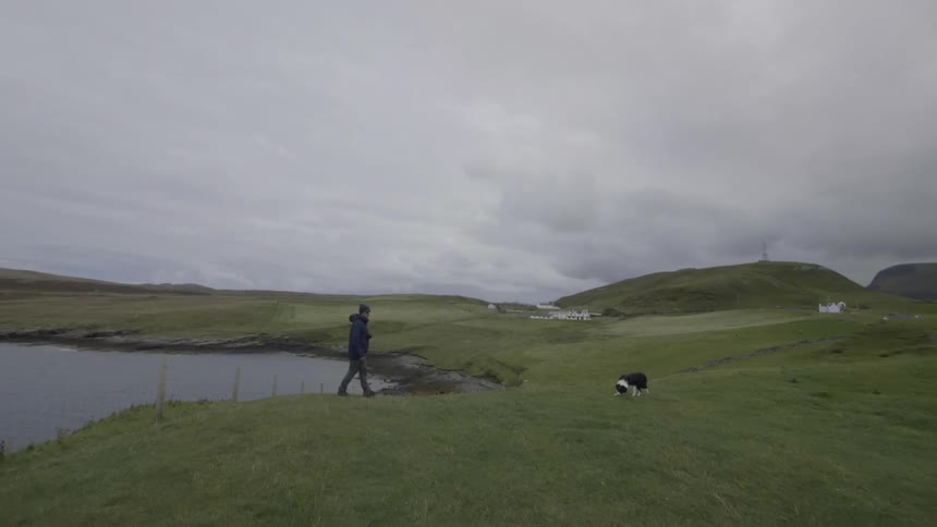 A man walks with his dog near a lake