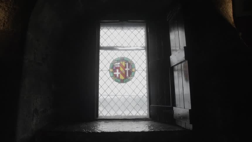A circular stained-glass plaque is hanging in a window