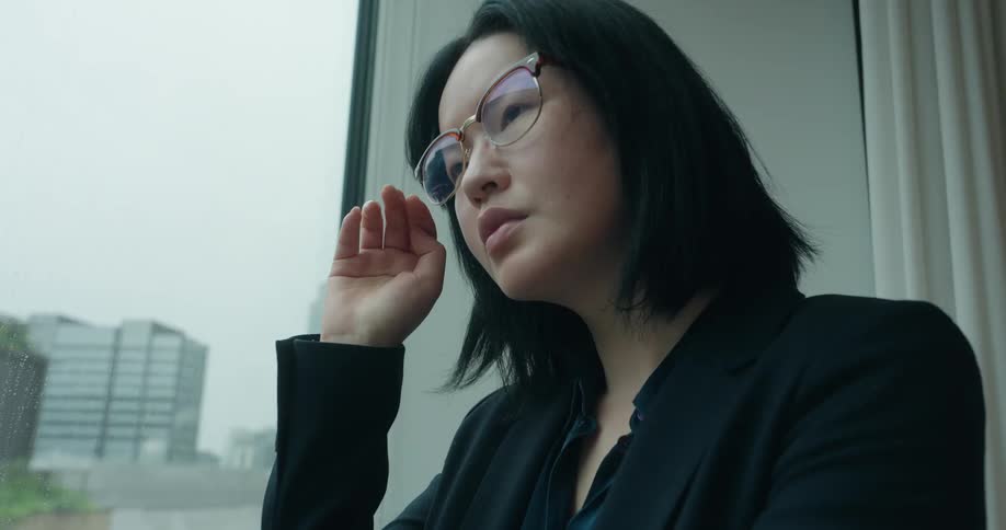 A person with dark shoulderlength hair and glasses is shown standing by a large window looking pensively out at a cityscape possibly on a rainy or overcast day they are wearing a dark blazer suggesting professional attirethe video cuts from a me