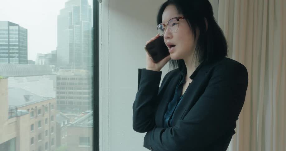 A woman is standing at the window looking over the city as she talks on the phone