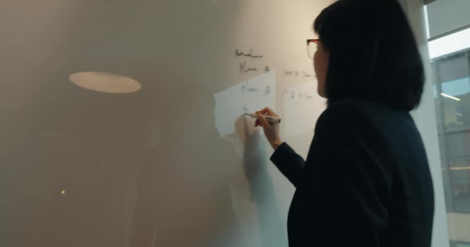 Woman writes plans and numbers on a whiteboard
