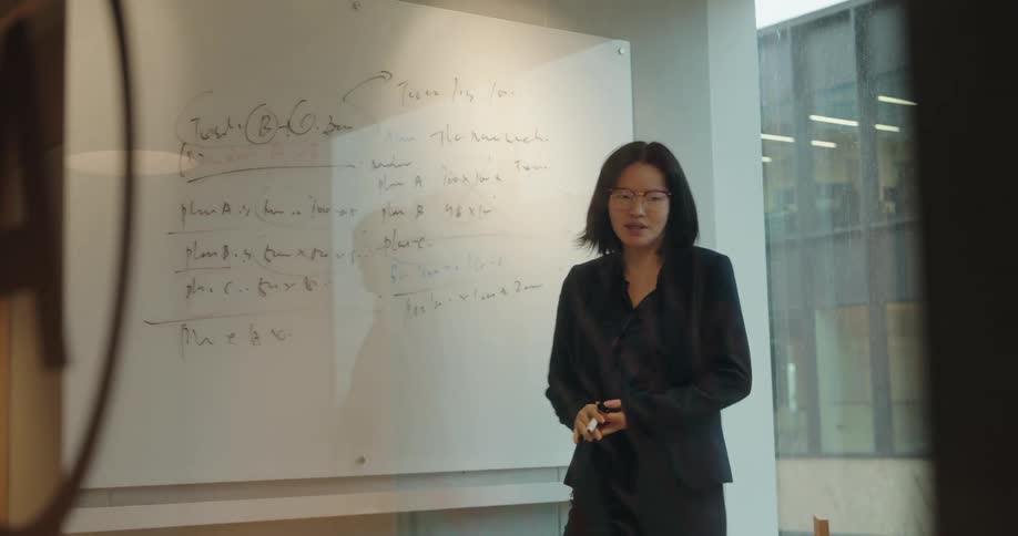 Professional presents written content on a whiteboard during a meeting