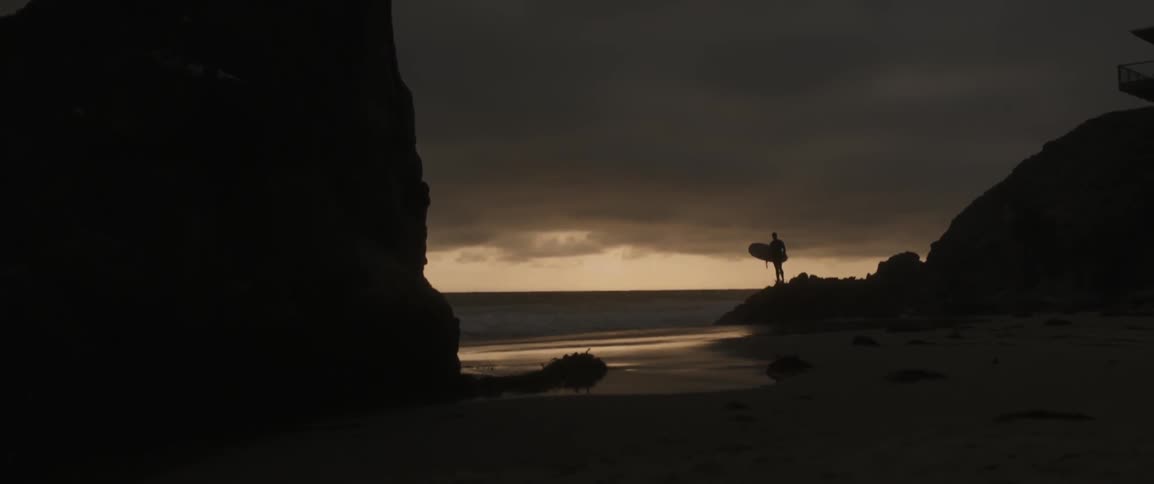 A person holding a surfboard looks out at the ocean at dusk