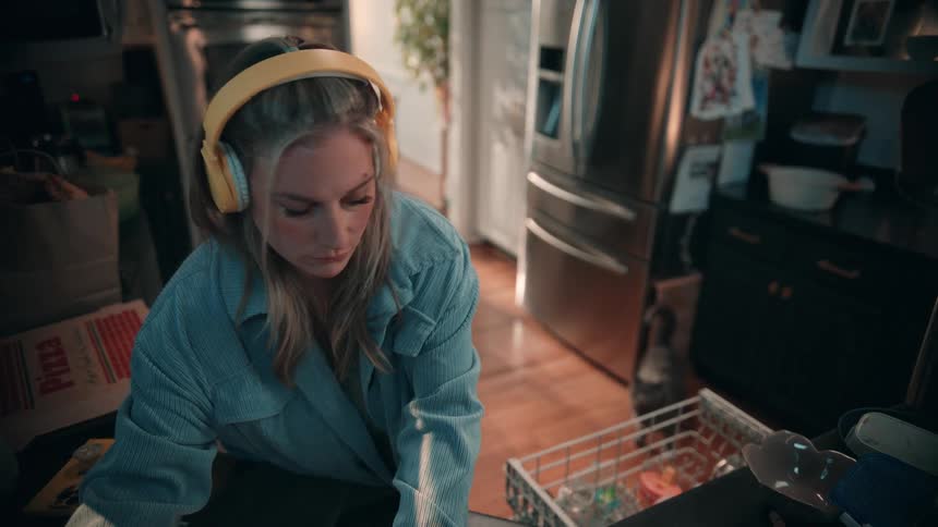 A woman wearing large yellow headphones and a blue collared shirt stands in a kitchen with stainless steel appliances and focuses on loading or unloading items from the open lower rack of a dishwasher