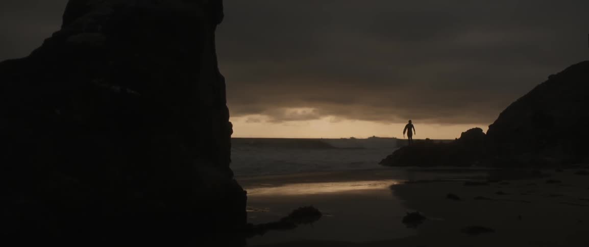 Person holds surfboard looking at the water at sunset