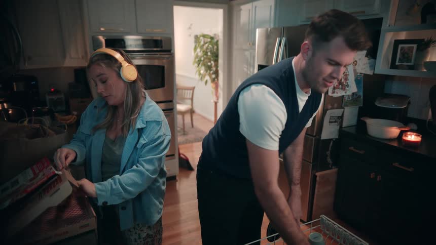 A man gets upset at a woman for eating a piece of pizza while he cleans a kitchen