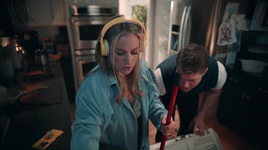 A woman wearing yellow headphones and a blue jacket stands in a modern kitchen using a redhandled mop to clean the dark floor while a man in a white shirt and dark vest crouches beside her gathering a white plastic bag