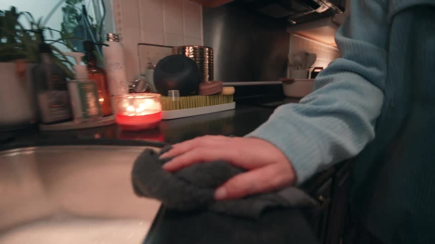 The video provides a closeup of a person wearing a light blue sweater cleaning a dark kitchen counter next to a sink with a dark gray clotha lit candle with a warm orange glow and various kitchen cleaning supplies and plants are visible on the coun