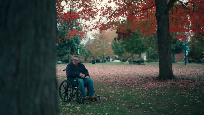 The man is sitting in a wheelchair in the park