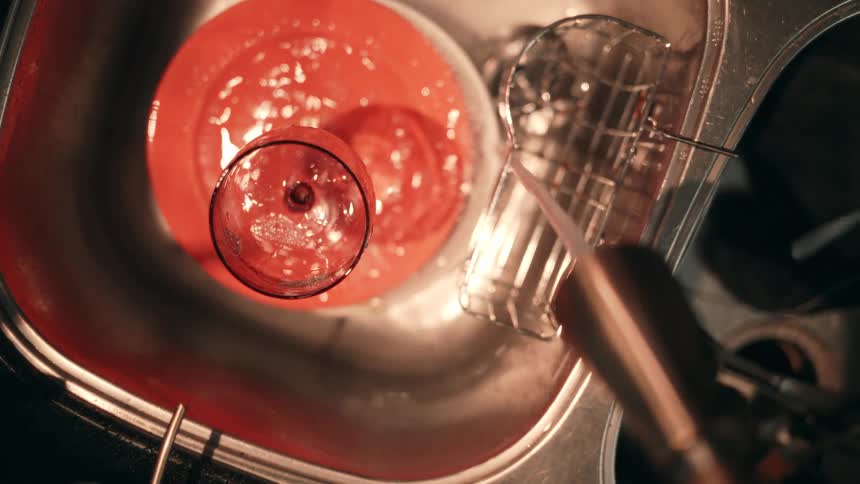 Hands rinse a glass under running water in the kitchen sink