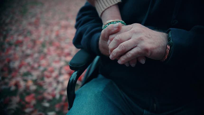 Intertwined hands resting on a wheelchair arm above fallen leaves
