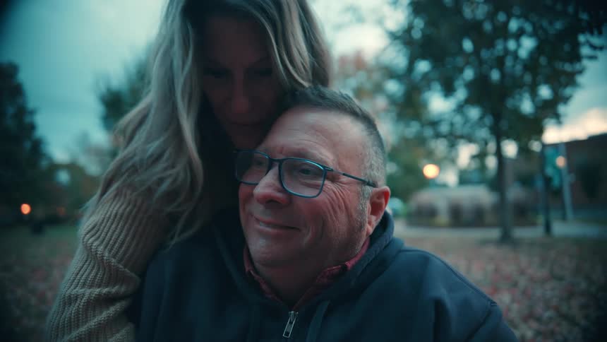 Man and woman hugging and kissing on a park outdoors during sunset hours