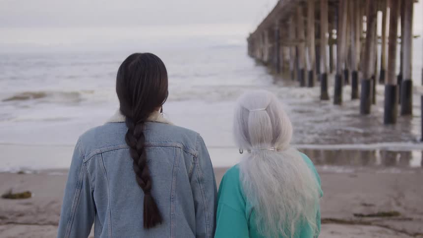 Two women one with a long dark braid and a denim jacket and the other with long white hair stand looking out at the ocean under a pier on a cloudy day