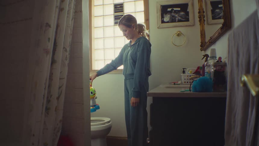 A handheld medium shot captures a blonde woman in blue pajamas laughing as she retrieves a green alien toy from the toilet bowl and places it back inside