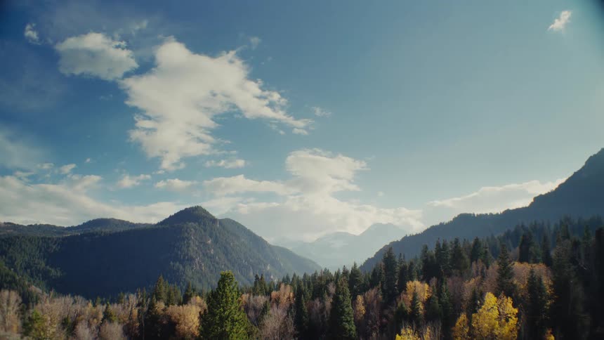 Forested mountains across the landscape with trees in fall colors