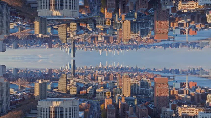City appears duplicated in a mirrored reflection of skyscrapers and rivers