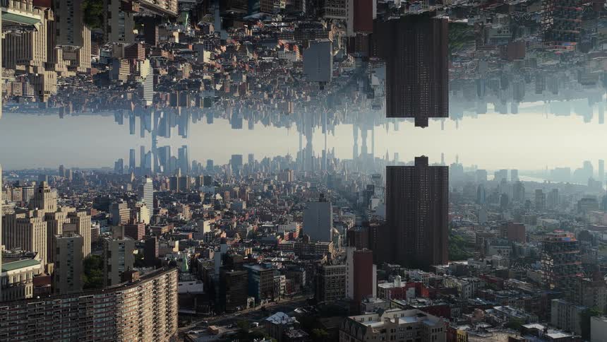 Vertically mirrored and duplicated cityscape creates a surreal infinitecity effect
