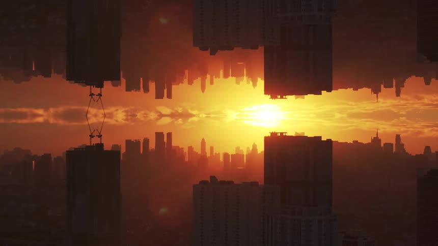 This video shows a cityscape silhouette at sunrise or sunset heavily stylized with a mirrorimage effect that splits the screen horizontallythe city buildings silhouetted against a bright orangegolden sky appear both rightsideup and upsidedown