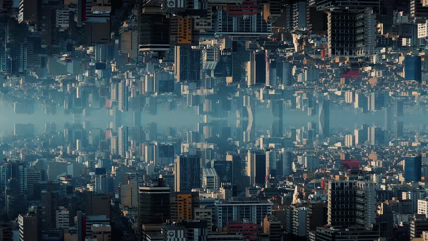 A vertically mirrored symmetrical view of a dense city skyline during the day
