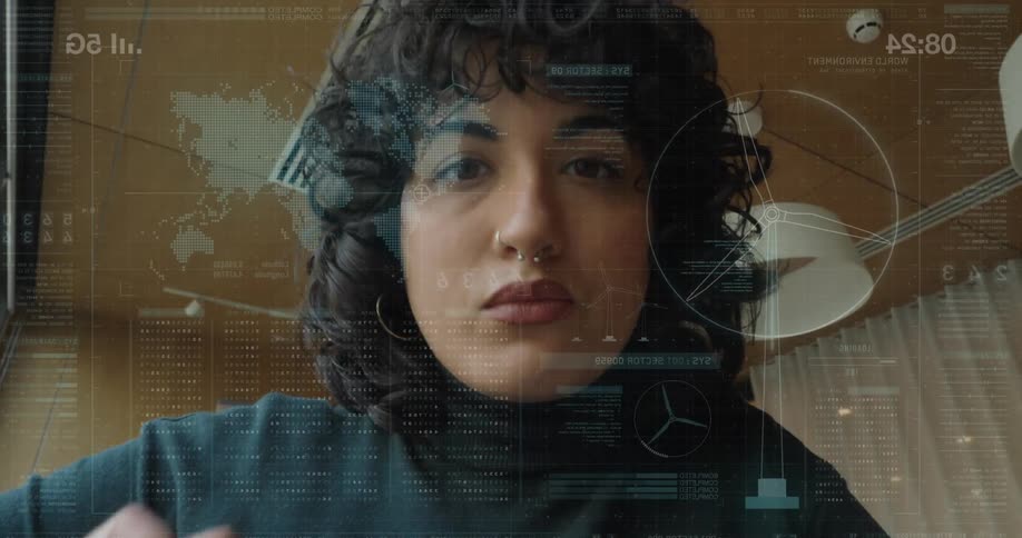 The face of a young woman and a woman who is clicking on a blue logo on the screen and opening an interface